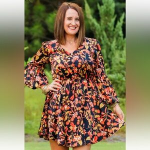 Mittoshop Black and Orange Floral Long Sleeve Dress